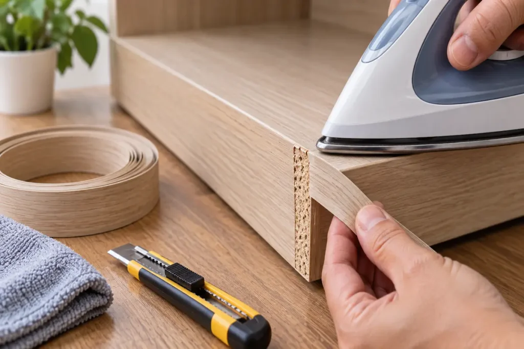sustituyendo cinta cantar termoadhesiva arreglar mueble melamina golpe